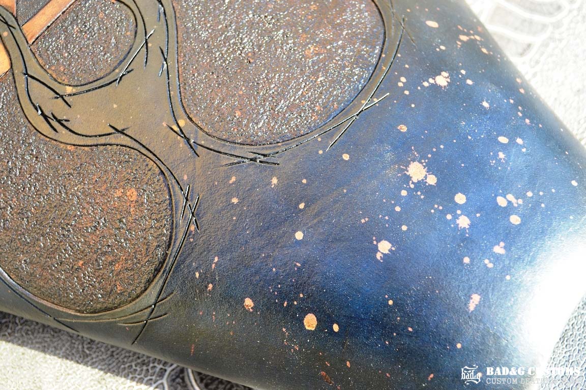 "Big Dog Choppers" logo design hand tooled and braided. Antiqued Blue Veg tan leather with kangaroo lace. West Coast Choppers for Life!