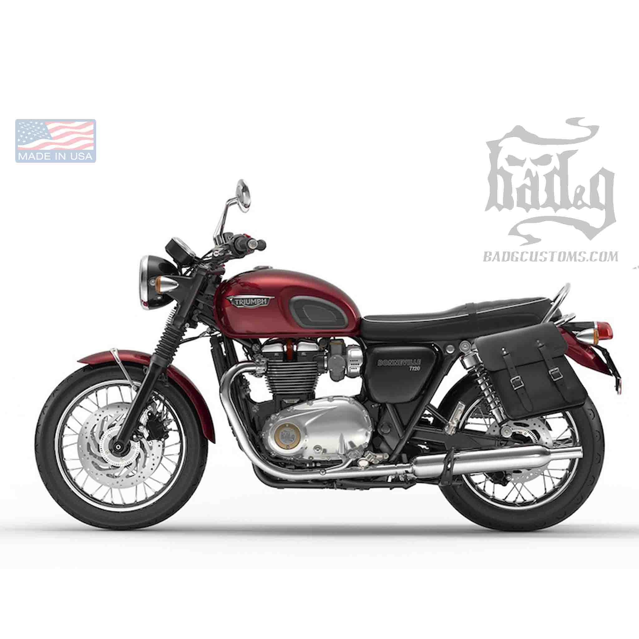 Upgrade your Triumph Bonneville T100 T120 with the TL01 Left Side Solo Bag. Hand crafted in USA with premium leather and top quality hardware. Durable and stylish, it's the perfect fit for your motorcycle.