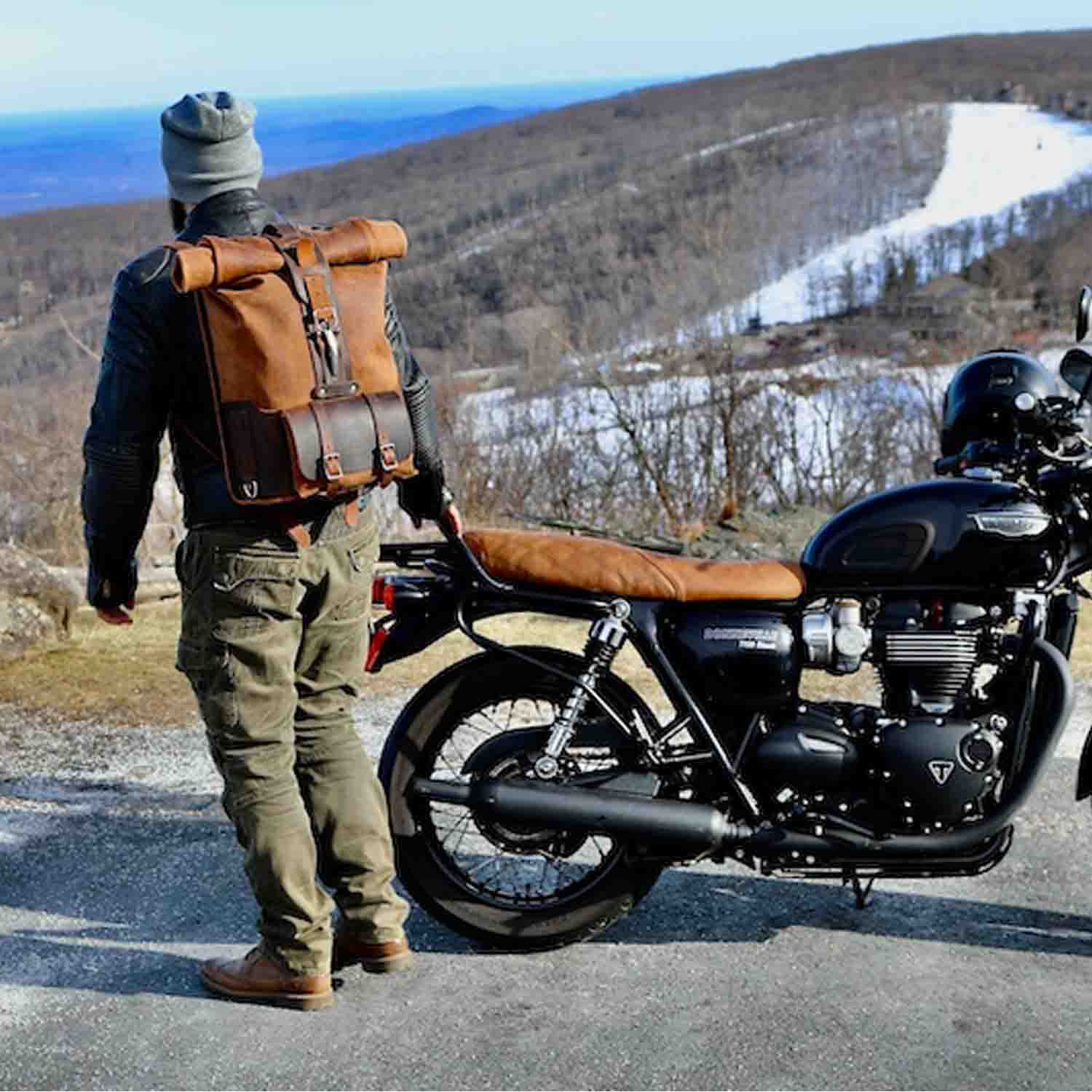 Hand crafted in USA with premium veg tan water buffalo leather, waxed canvas and stainless steel hardware. Durable and stylish, these are the perfect fit for your adventure bike.