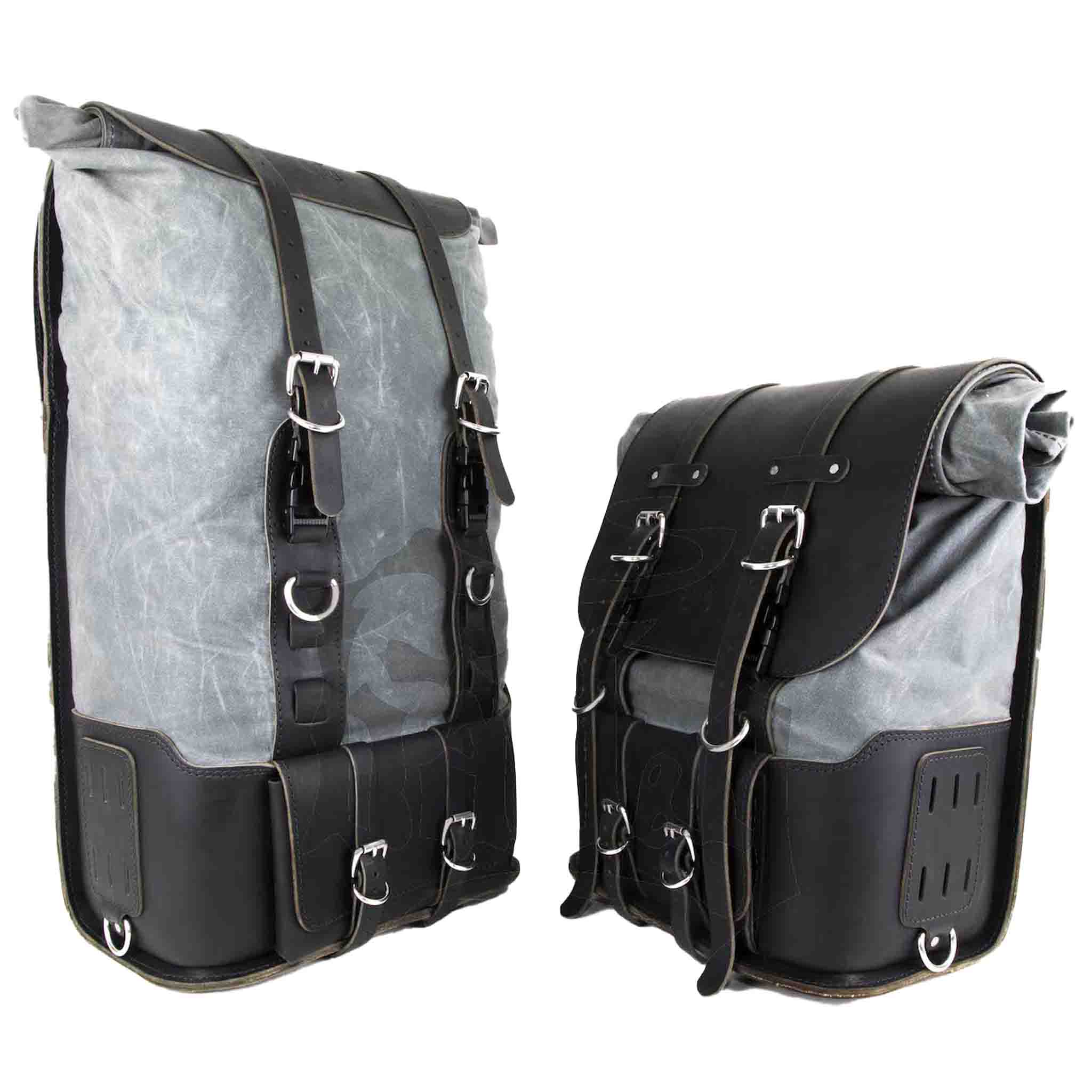 Upgrade your ride with the URB10 Rolltop Saddlebags. Unique design enables quick conversion from saddlebag to backpack. Hand crafted in USA with premium veg tan water buffalo leather, waxed canvas and stainless steel hardware. Durable and stylish, they are the perfect fit for your motorcycle.