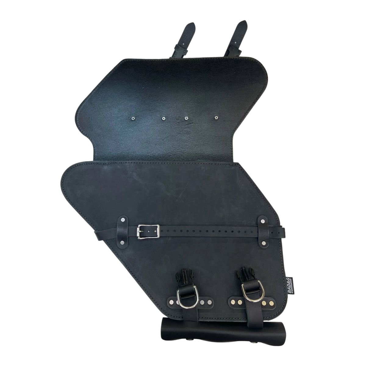 Black leather saddle bag with adjustable buckle straps and silver metal hardware, shown on a clean white background.